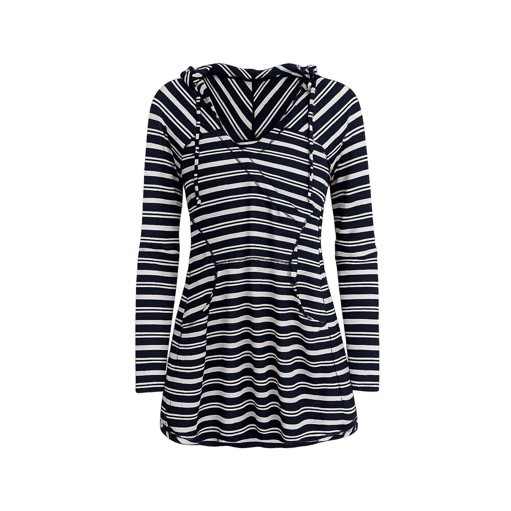 Athleta Blue/White Striped Hooded Pullover Hoodie Pockets Raglan V-Neck M